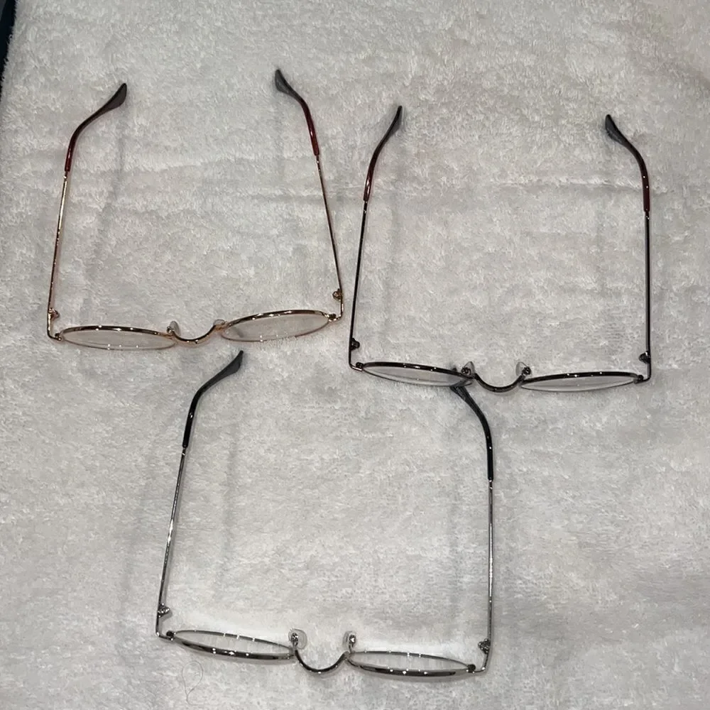 Three pair bundle clear lense glasses gold brown and silver
